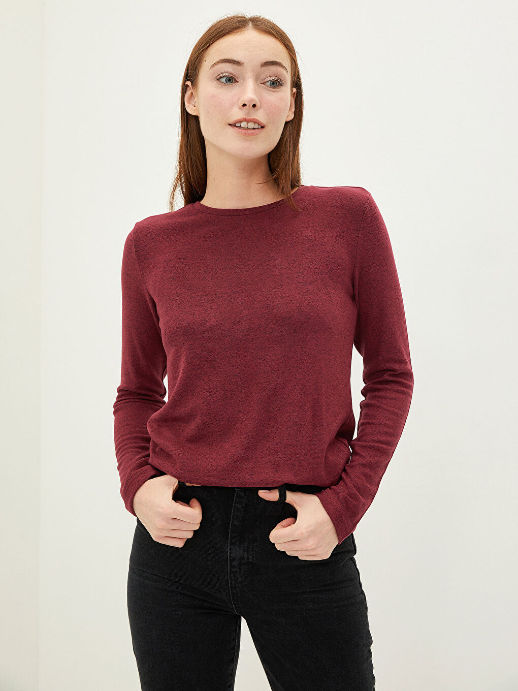 Bordo Bisiklet Yaka Düz Uzun Kollu Kadın Tişört-1