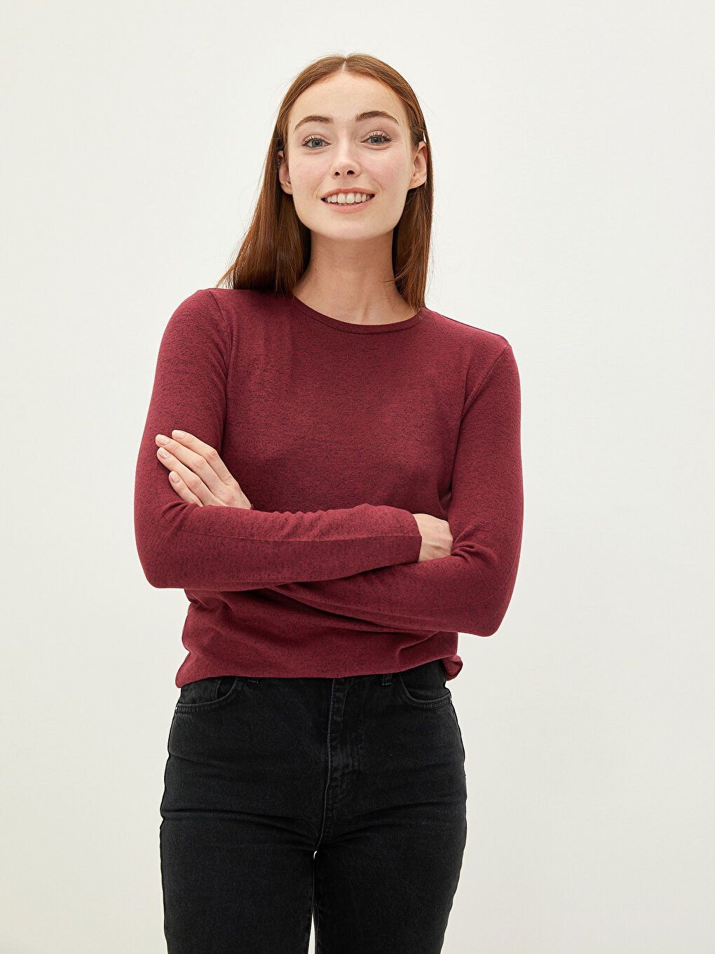 Bordo Bisiklet Yaka Düz Uzun Kollu Kadın Tişört-2