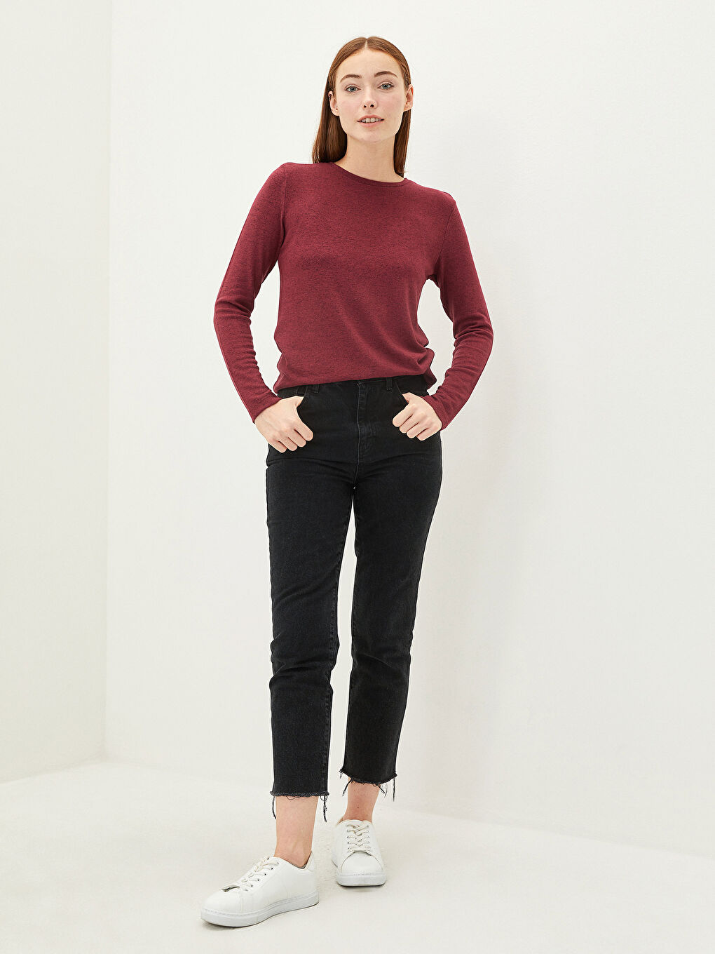 Bordo Bisiklet Yaka Düz Uzun Kollu Kadın Tişört-4