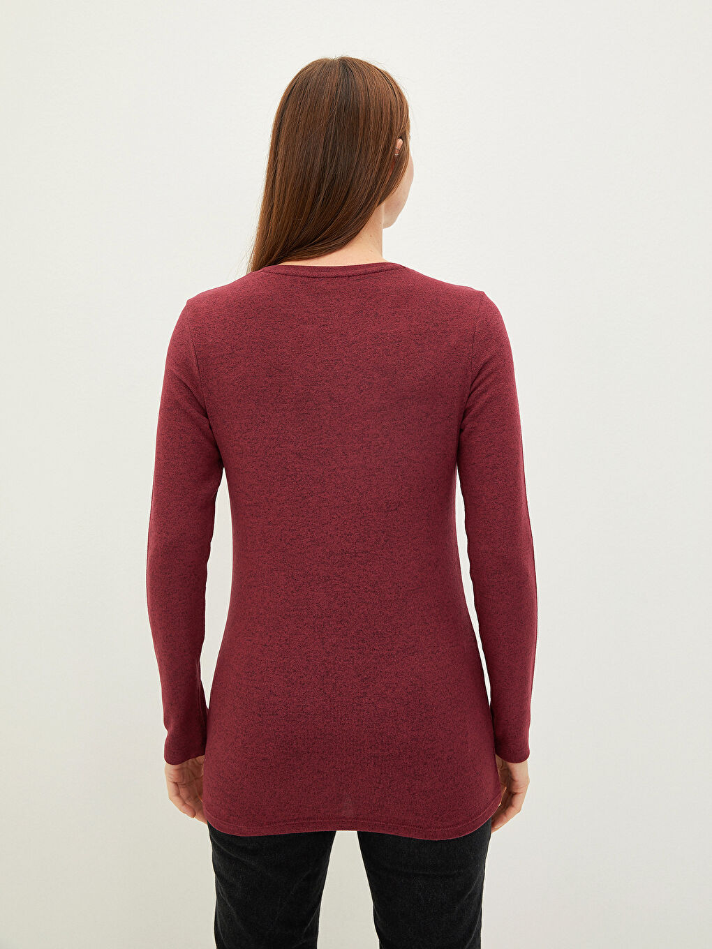 Bordo Bisiklet Yaka Düz Uzun Kollu Kadın Tişört-5