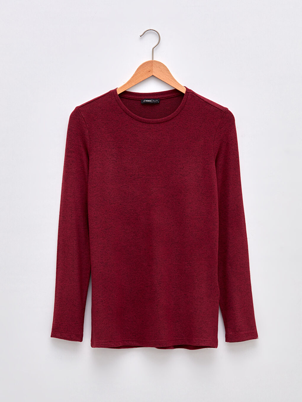 Bordo Bisiklet Yaka Düz Uzun Kollu Kadın Tişört-6