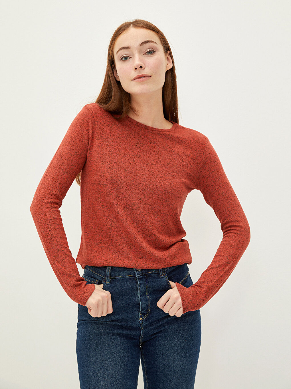 Kahverengi Bisiklet Yaka Düz Uzun Kollu Kadın Tişört