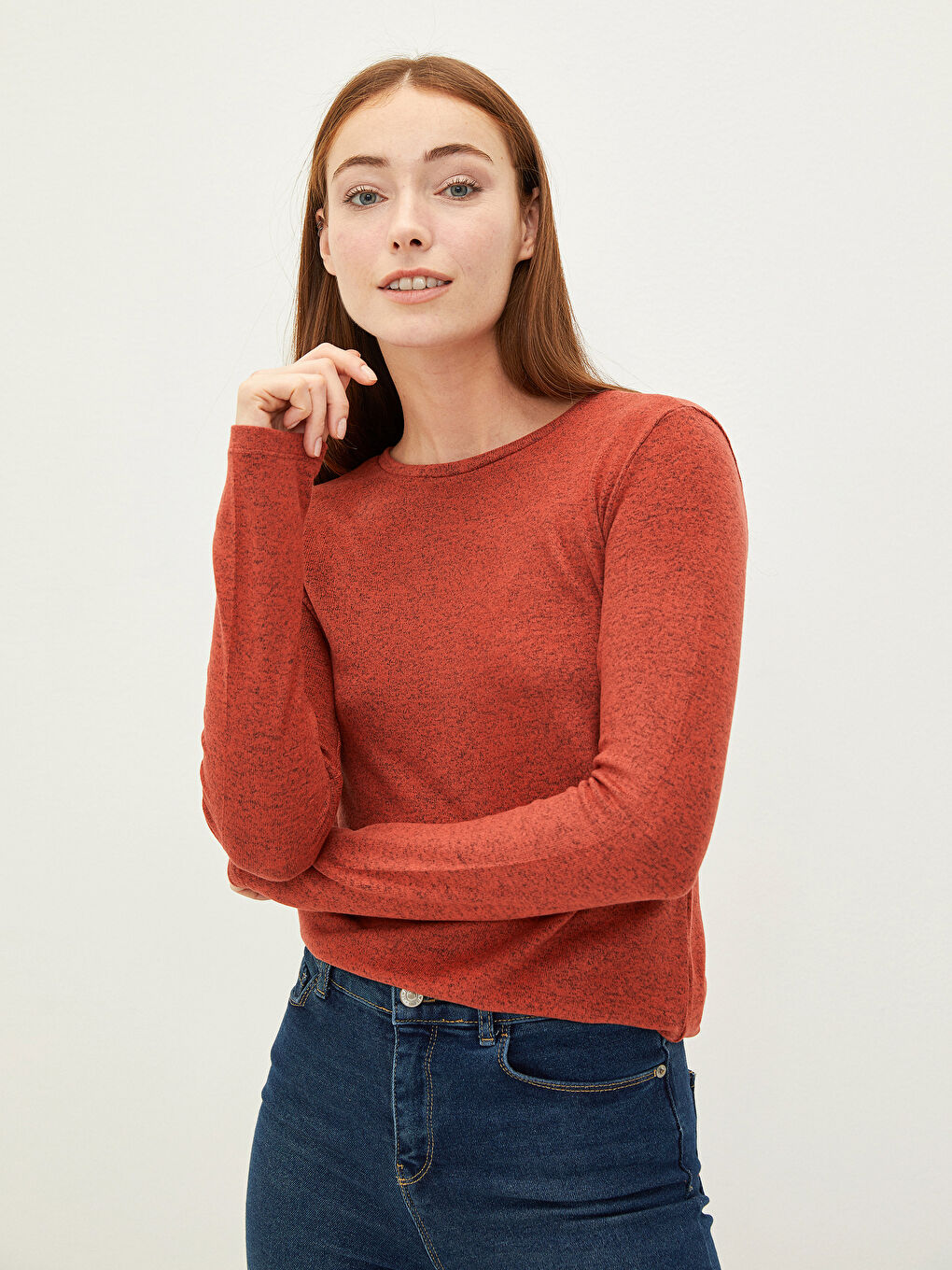 Kahverengi Bisiklet Yaka Düz Uzun Kollu Kadın Tişört-1