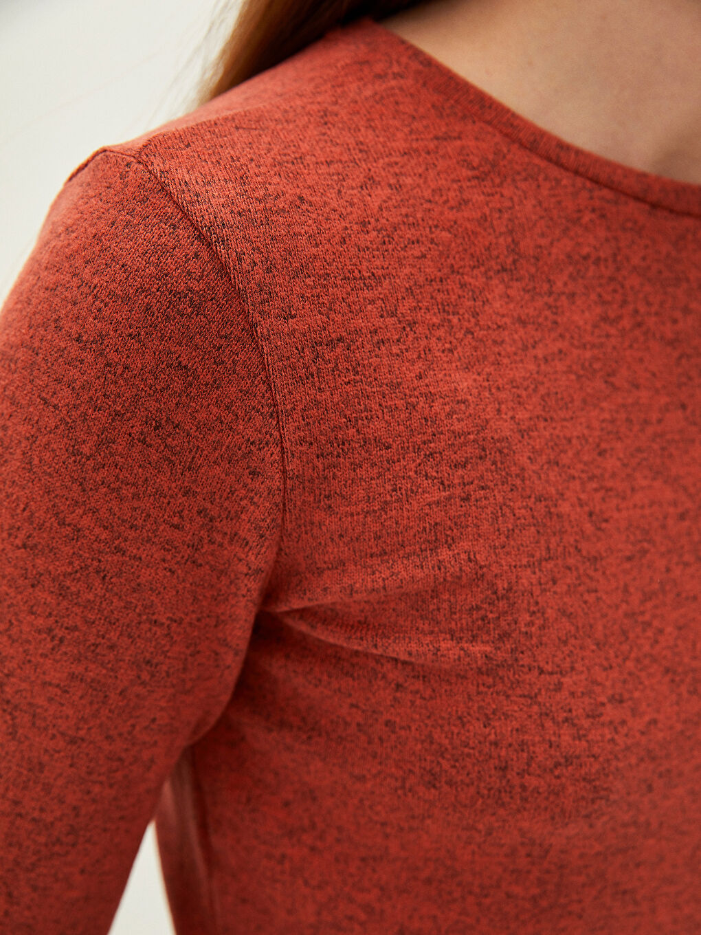 Kahverengi Bisiklet Yaka Düz Uzun Kollu Kadın Tişört-2