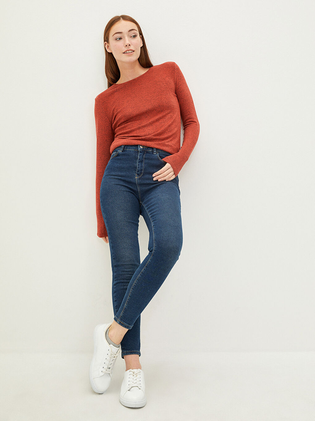 Kahverengi Bisiklet Yaka Düz Uzun Kollu Kadın Tişört-3