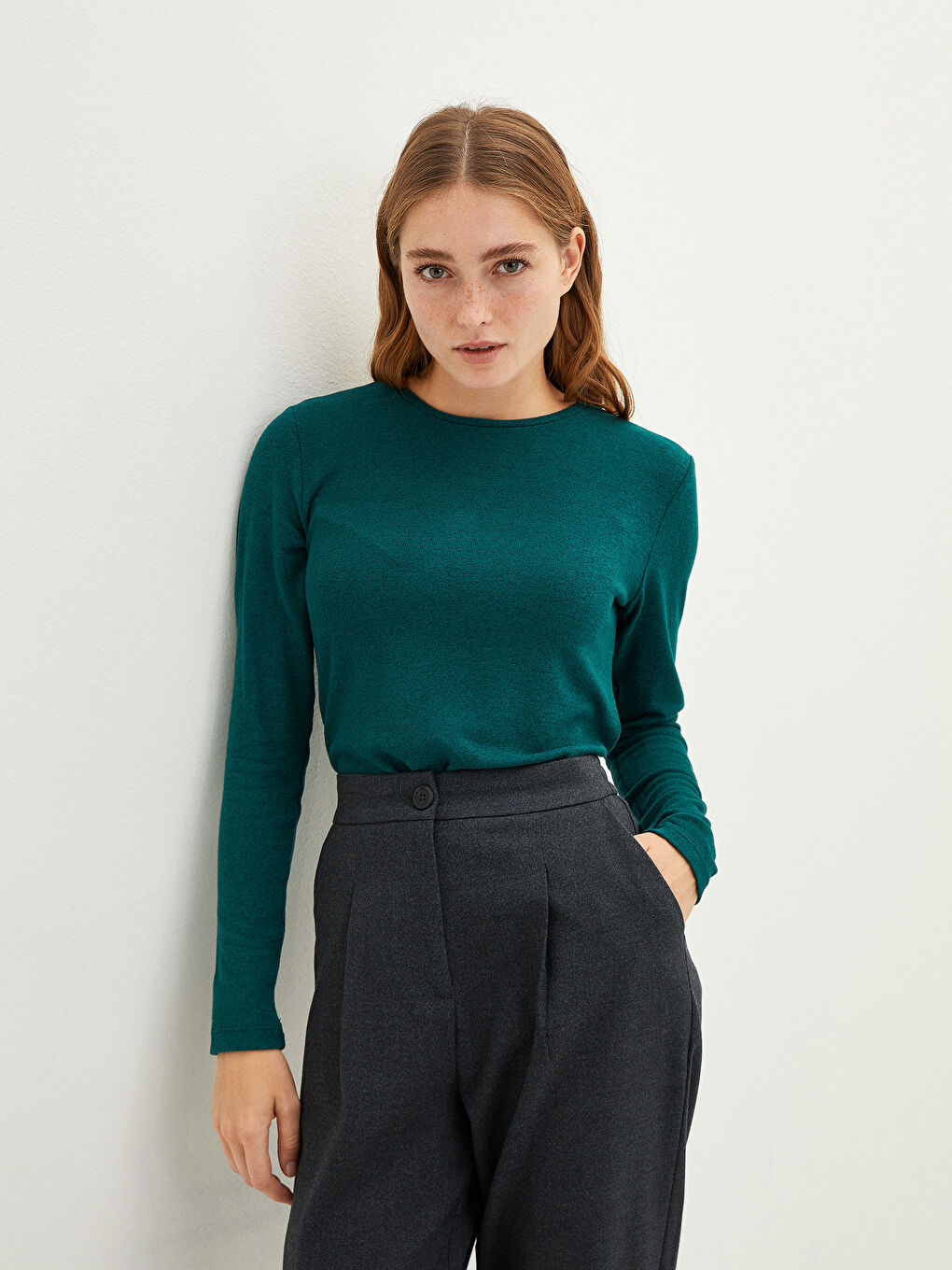 Yeşil Bisiklet Yaka Düz Uzun Kollu Kadın Tişört