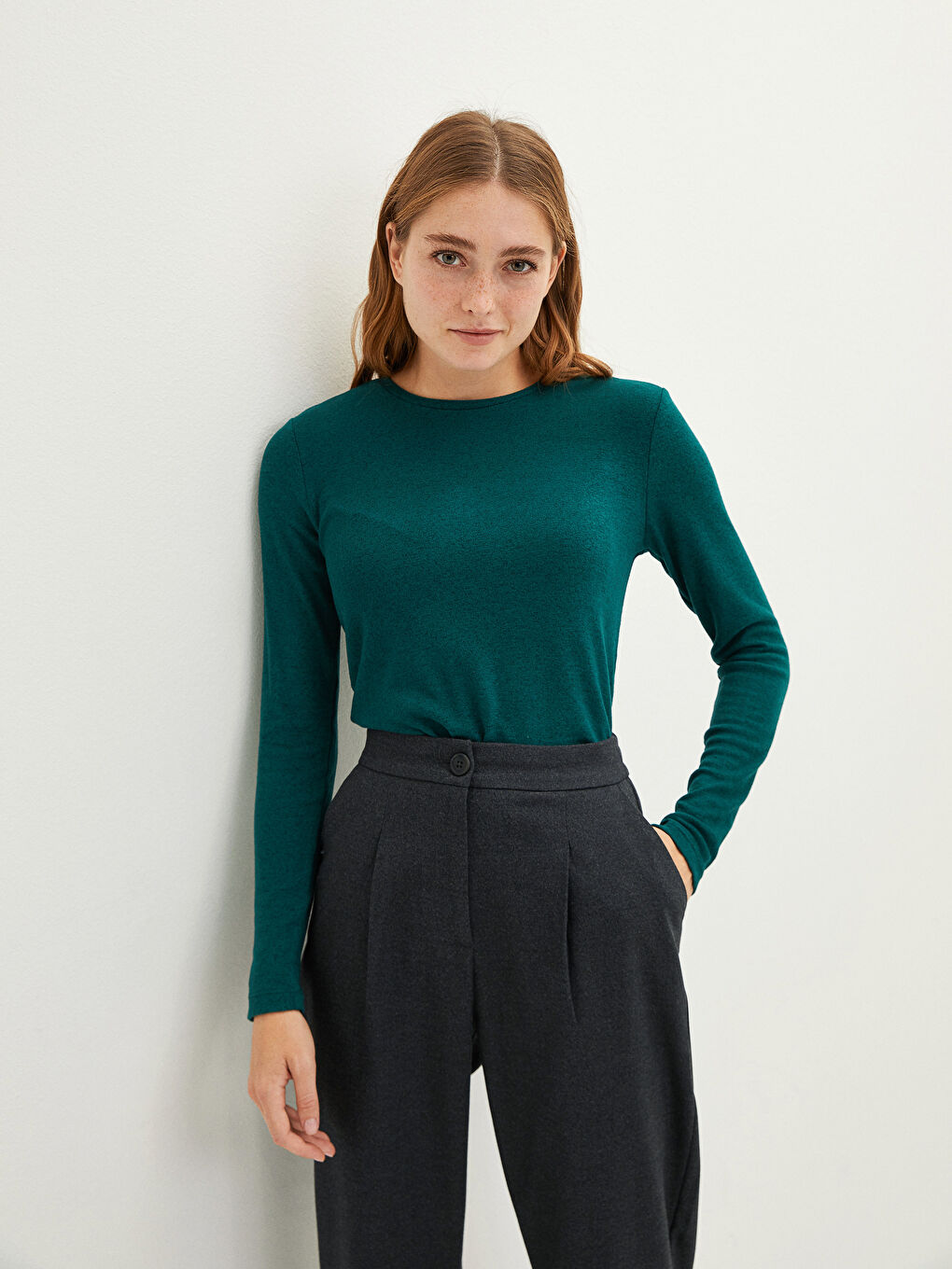 Yeşil Bisiklet Yaka Düz Uzun Kollu Kadın Tişört-1