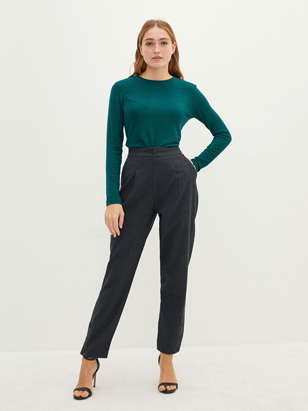 Yeşil Bisiklet Yaka Düz Uzun Kollu Kadın Tişört-3