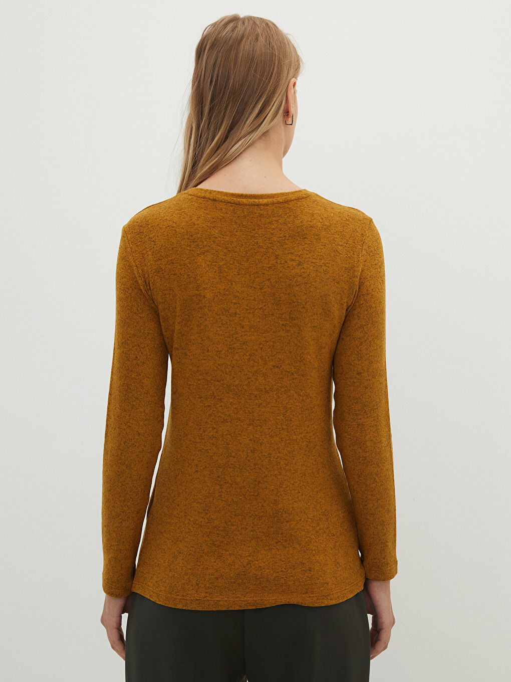 Sarı Bisiklet Yaka Düz Uzun Kollu Kadın Tişört-4