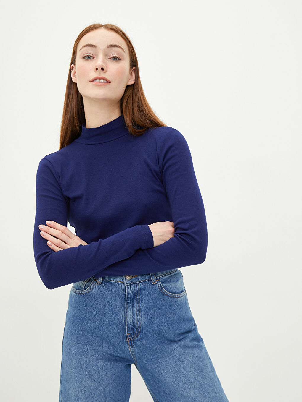 Lacivert Dik Yaka Düz Uzun Kollu Pamuklu Kadın Tişört