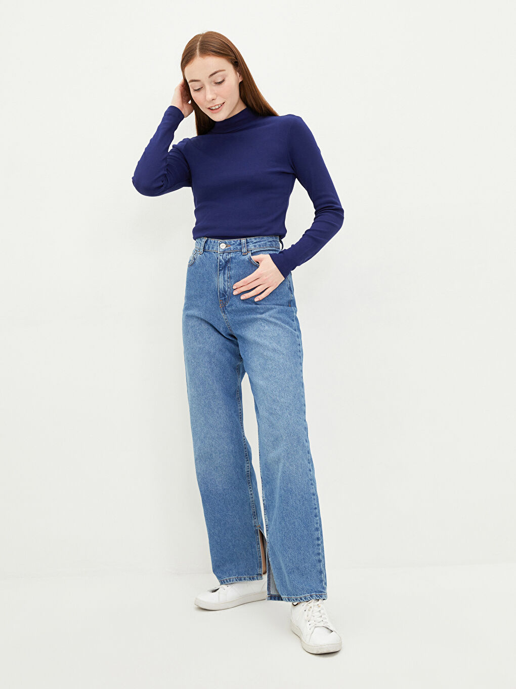 Lacivert Dik Yaka Düz Uzun Kollu Pamuklu Kadın Tişört-1