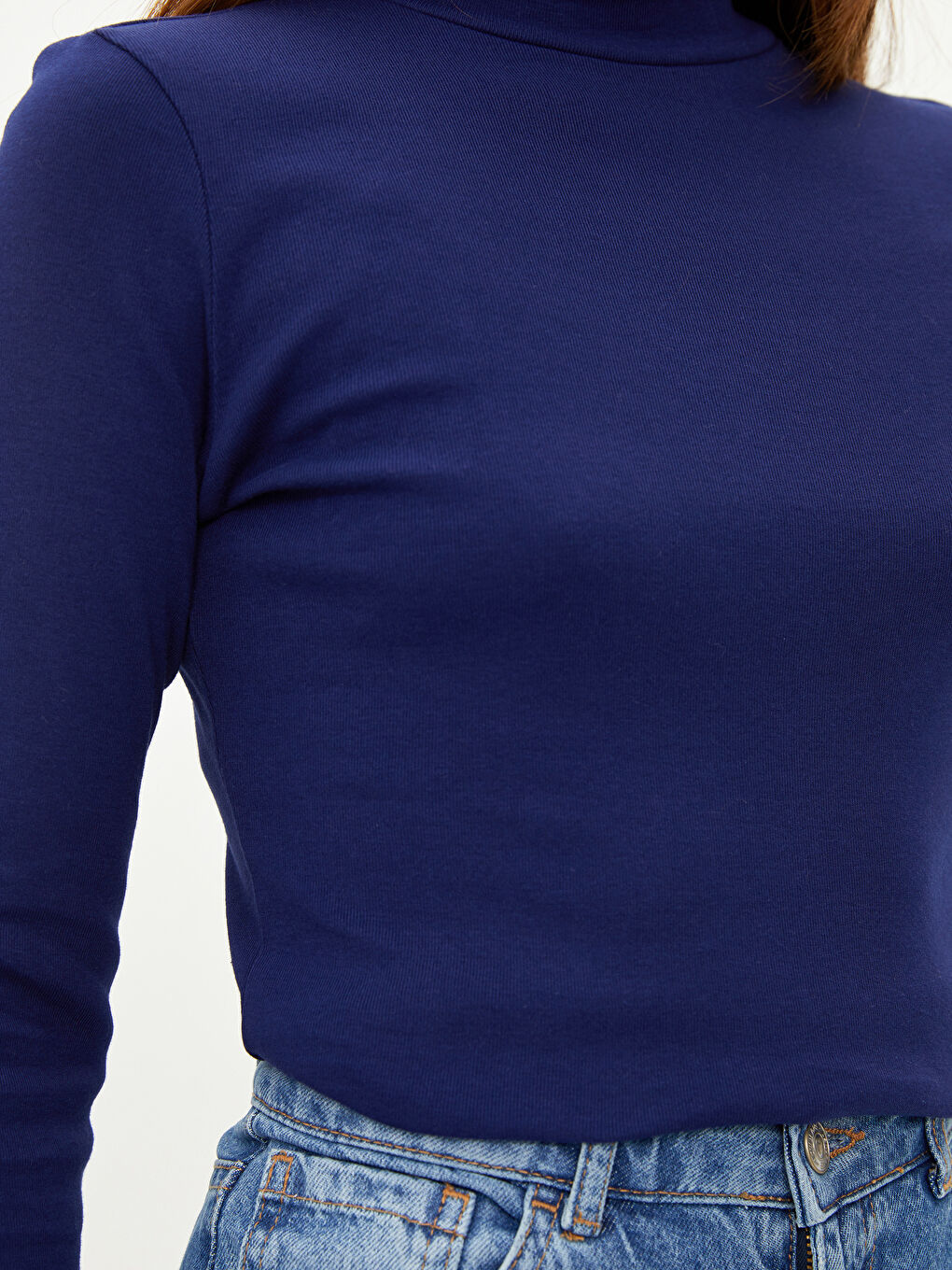 Lacivert Dik Yaka Düz Uzun Kollu Pamuklu Kadın Tişört-2