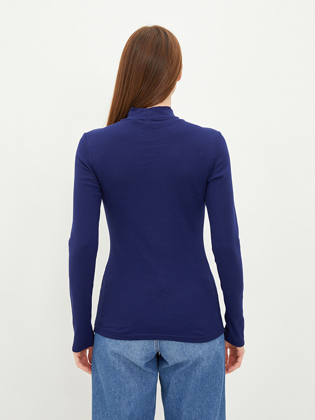 Lacivert Dik Yaka Düz Uzun Kollu Pamuklu Kadın Tişört-3