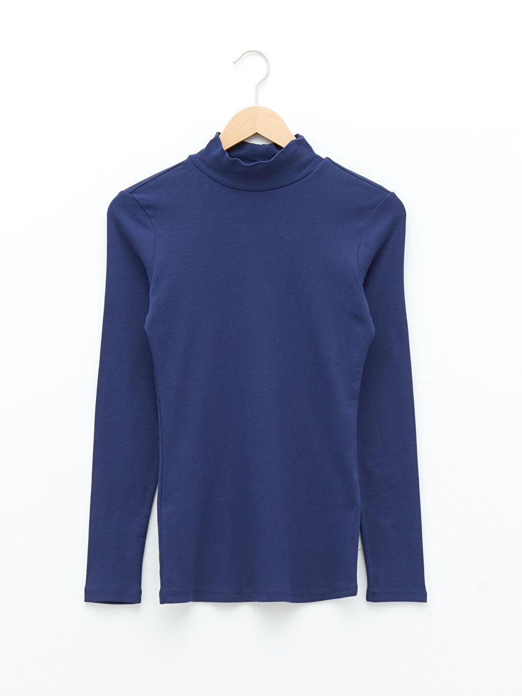 Lacivert Dik Yaka Düz Uzun Kollu Pamuklu Kadın Tişört-4