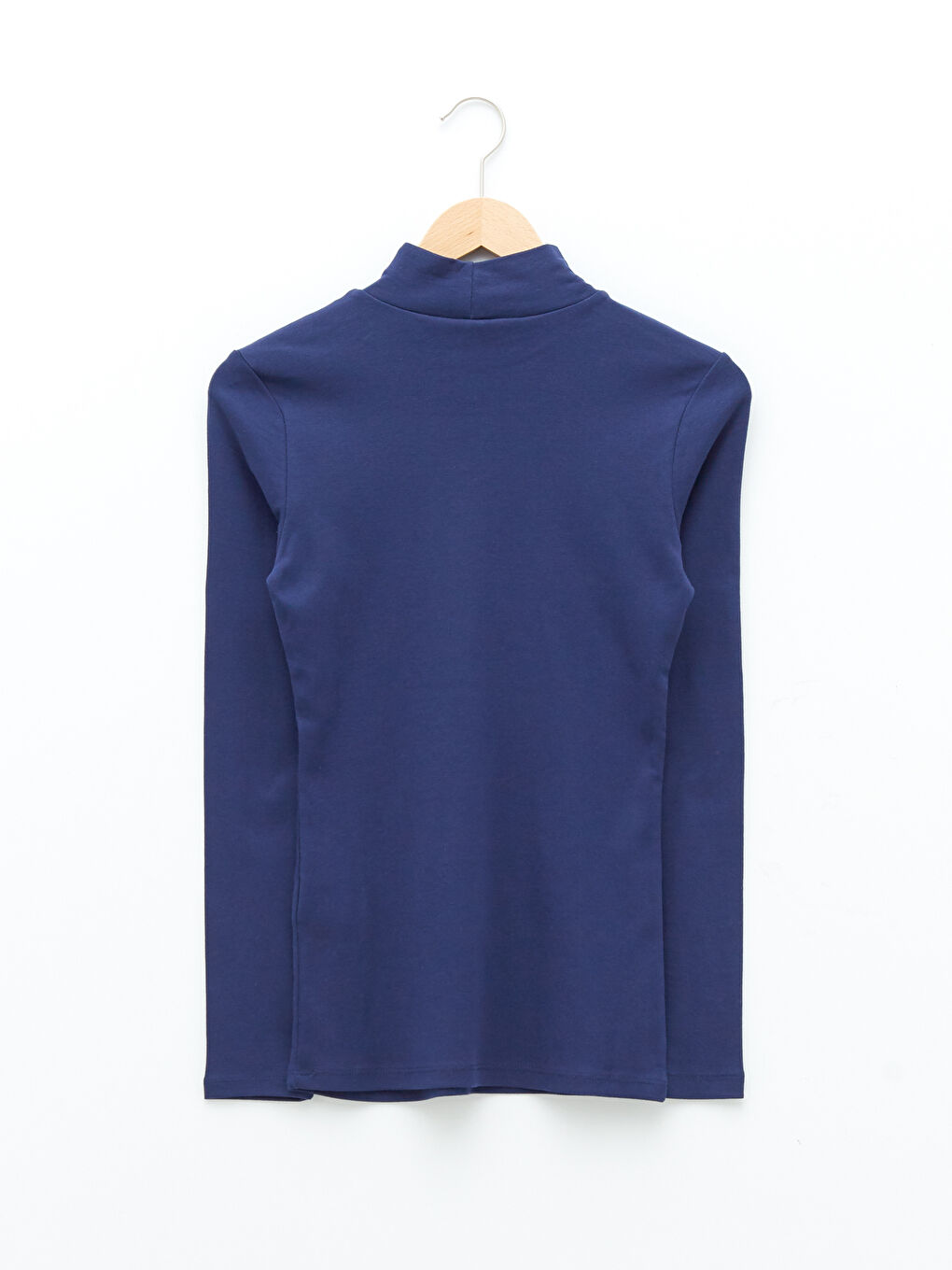 Lacivert Dik Yaka Düz Uzun Kollu Pamuklu Kadın Tişört-5