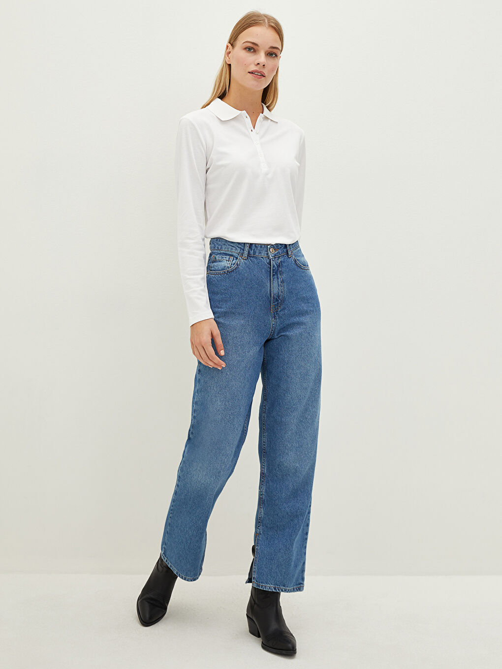 Beyaz Polo Yaka Düz Uzun Kollu Pike Kumaş Kadın Tişört-3