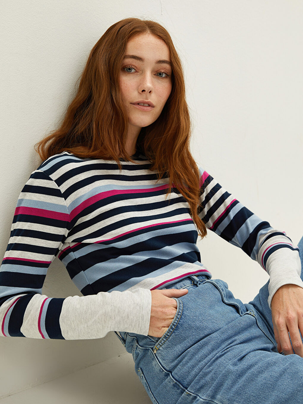 Crew Neck Striped Long Sleeve Women's T-Shirt-2
