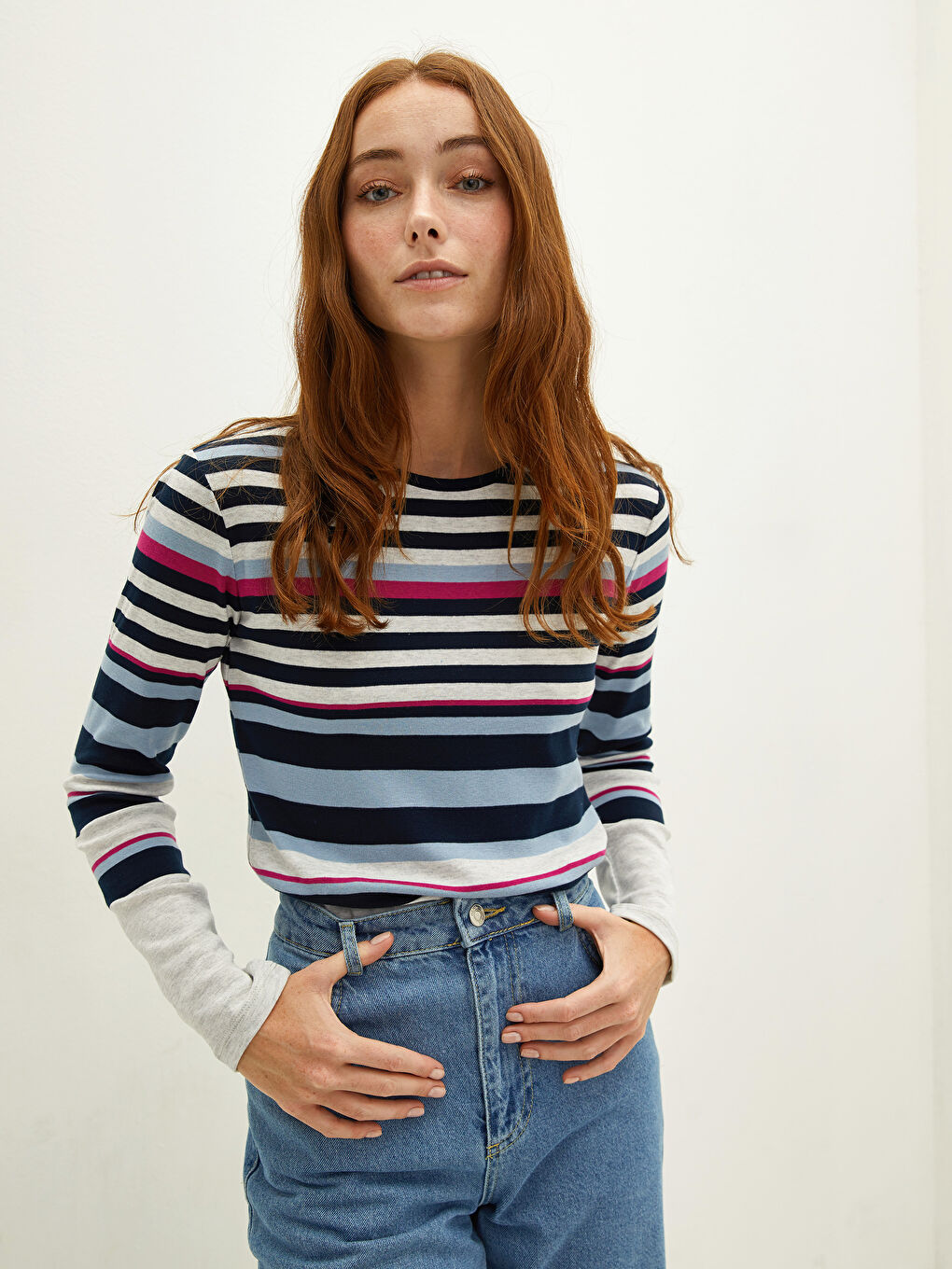Crew Neck Striped Long Sleeve Women's T-Shirt-1