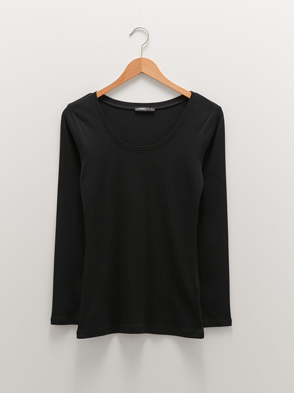 Women's U-Neck Plain Long Sleeve Cotton T-Shirt-5