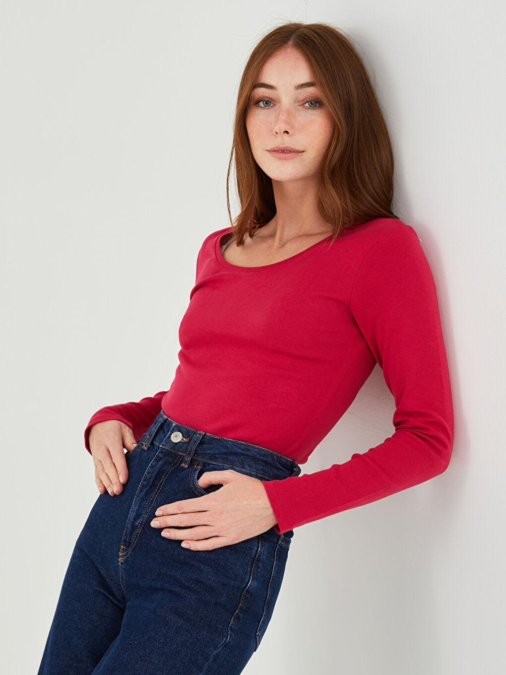 Women's U-Neck Plain Long Sleeve Cotton T-Shirt