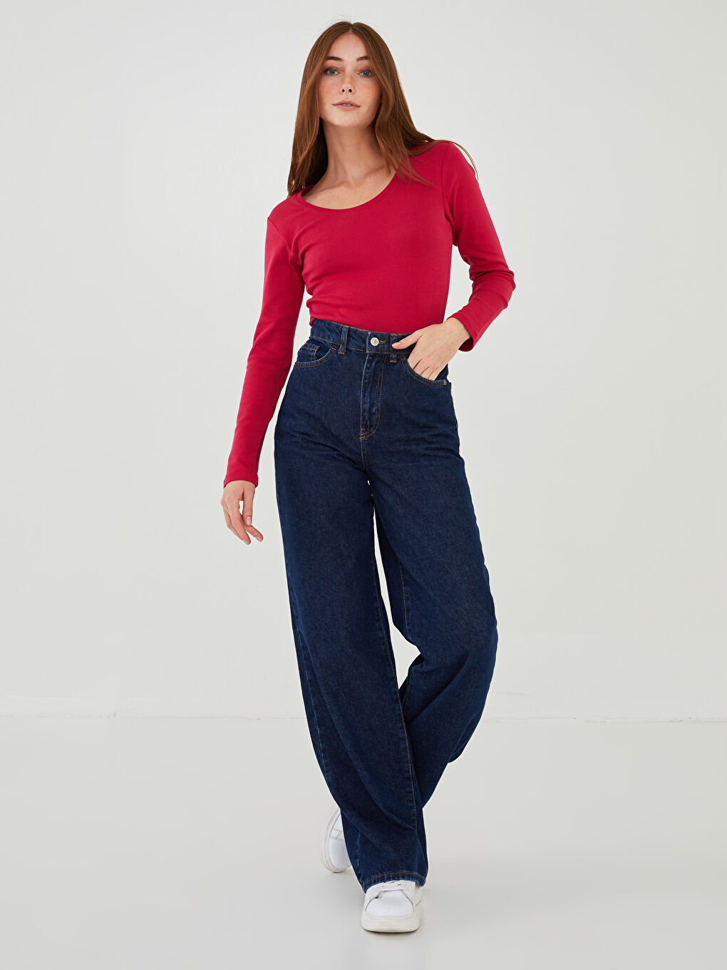 Women's U-Neck Plain Long Sleeve Cotton T-Shirt-2