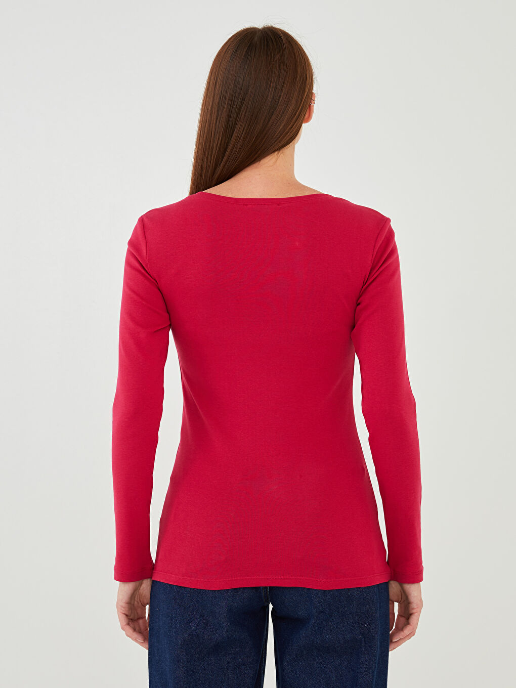 Women's U-Neck Plain Long Sleeve Cotton T-Shirt-4