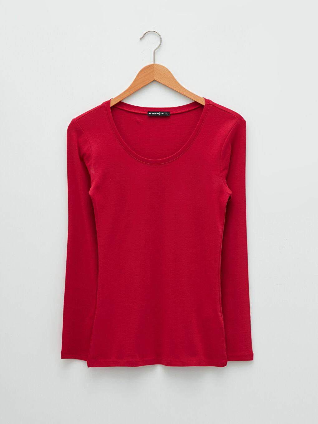 Women's U-Neck Plain Long Sleeve Cotton T-Shirt-5