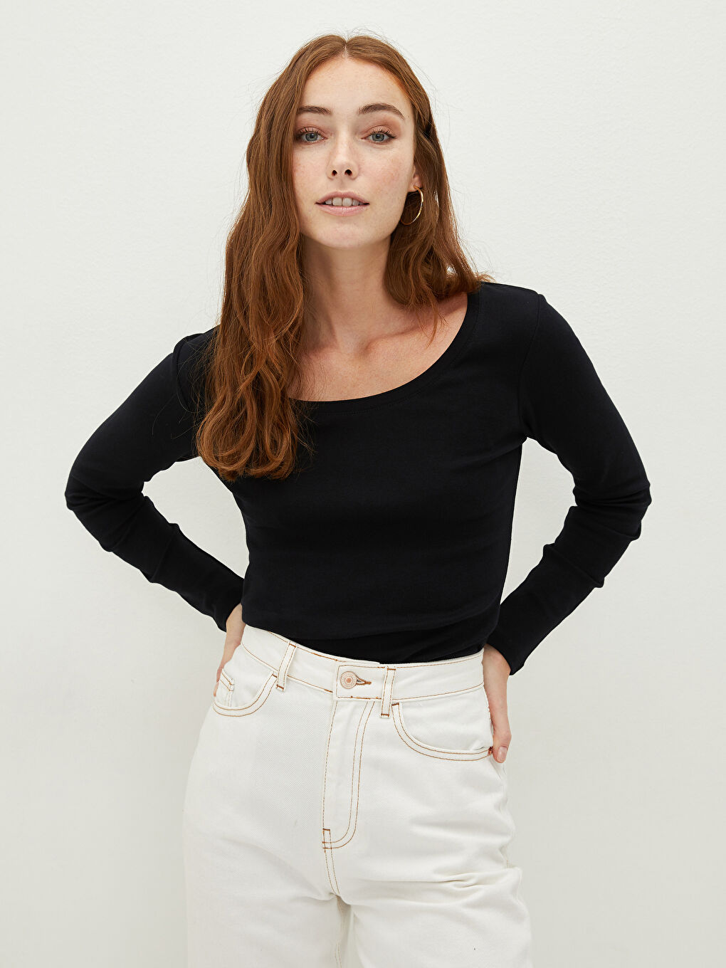 Women's U-Neck Plain Long Sleeve Cotton T-Shirt