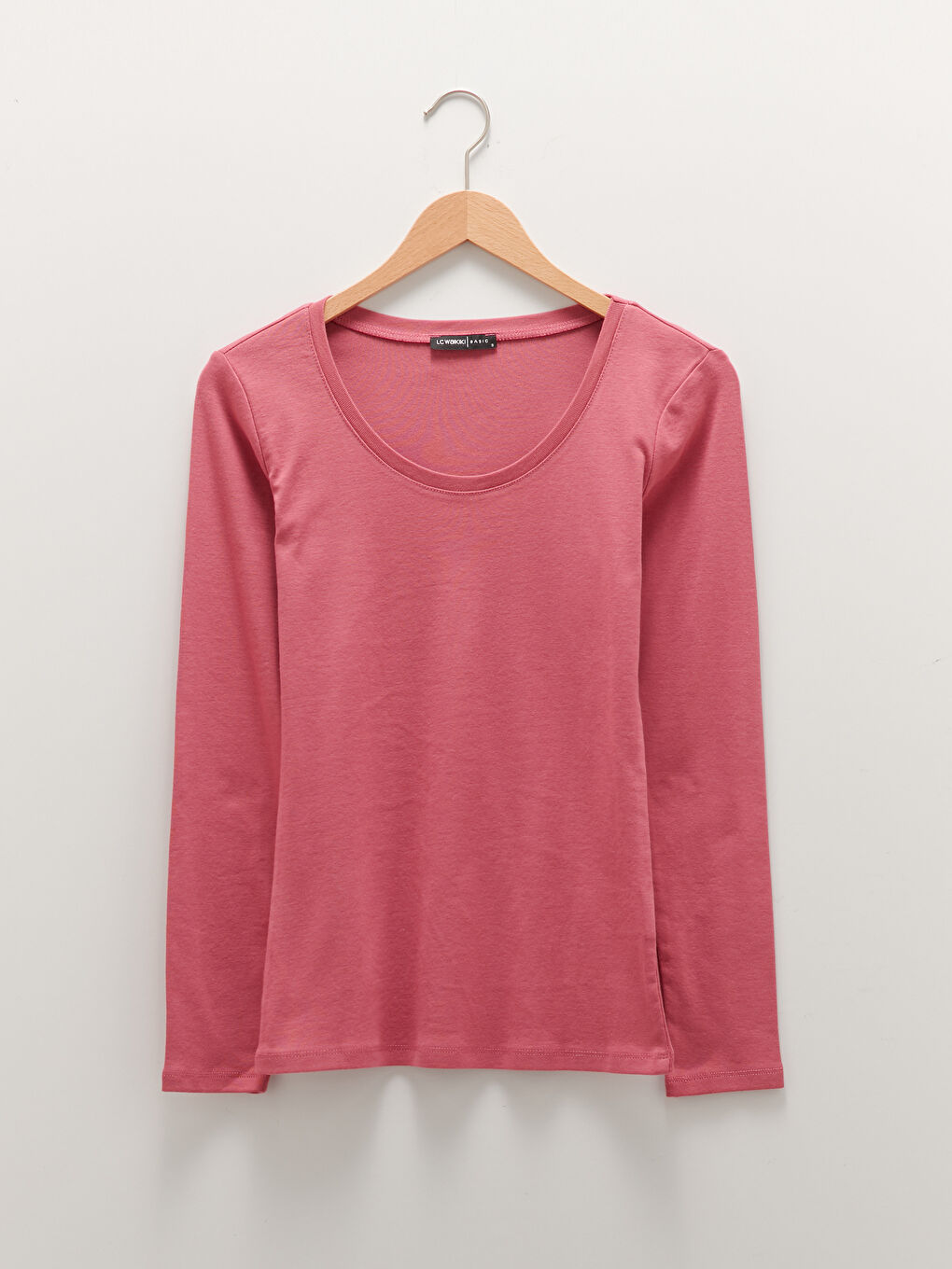 Pembe U Yaka Düz Uzun Kollu Pamuklu Kadın Tişört-5