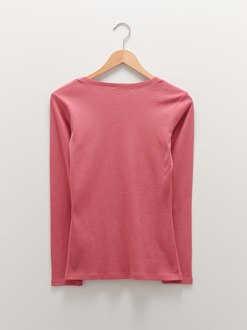 Pembe U Yaka Düz Uzun Kollu Pamuklu Kadın Tişört-6