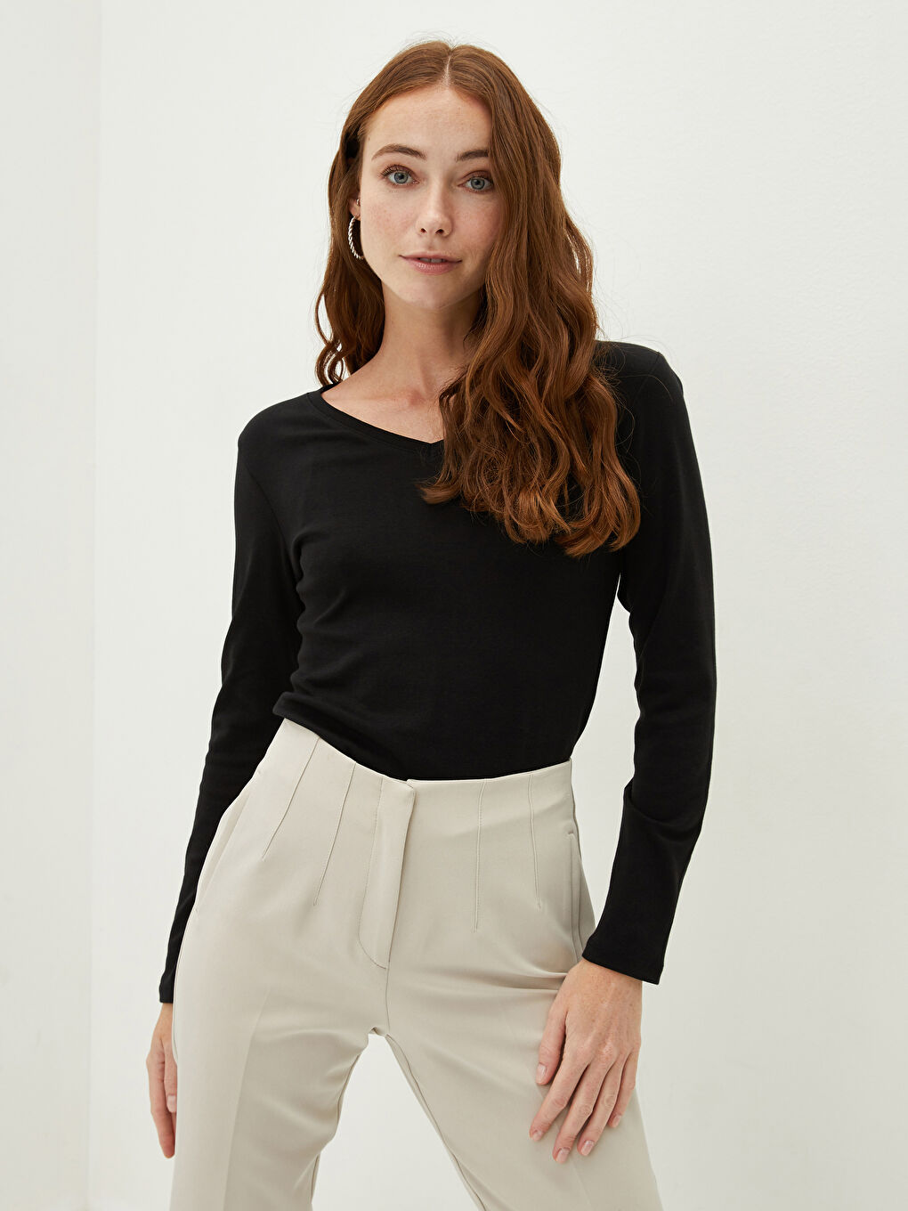 V Neck Plain Long Sleeve Rib Fabric Women's T-Shirt-2