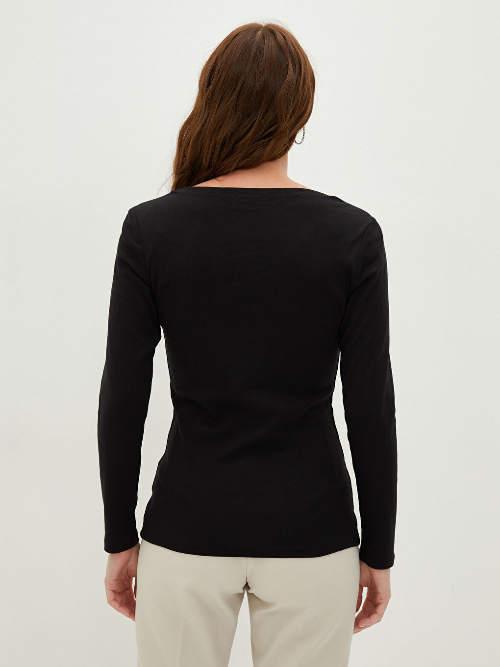 V Neck Plain Long Sleeve Rib Fabric Women's T-Shirt-4