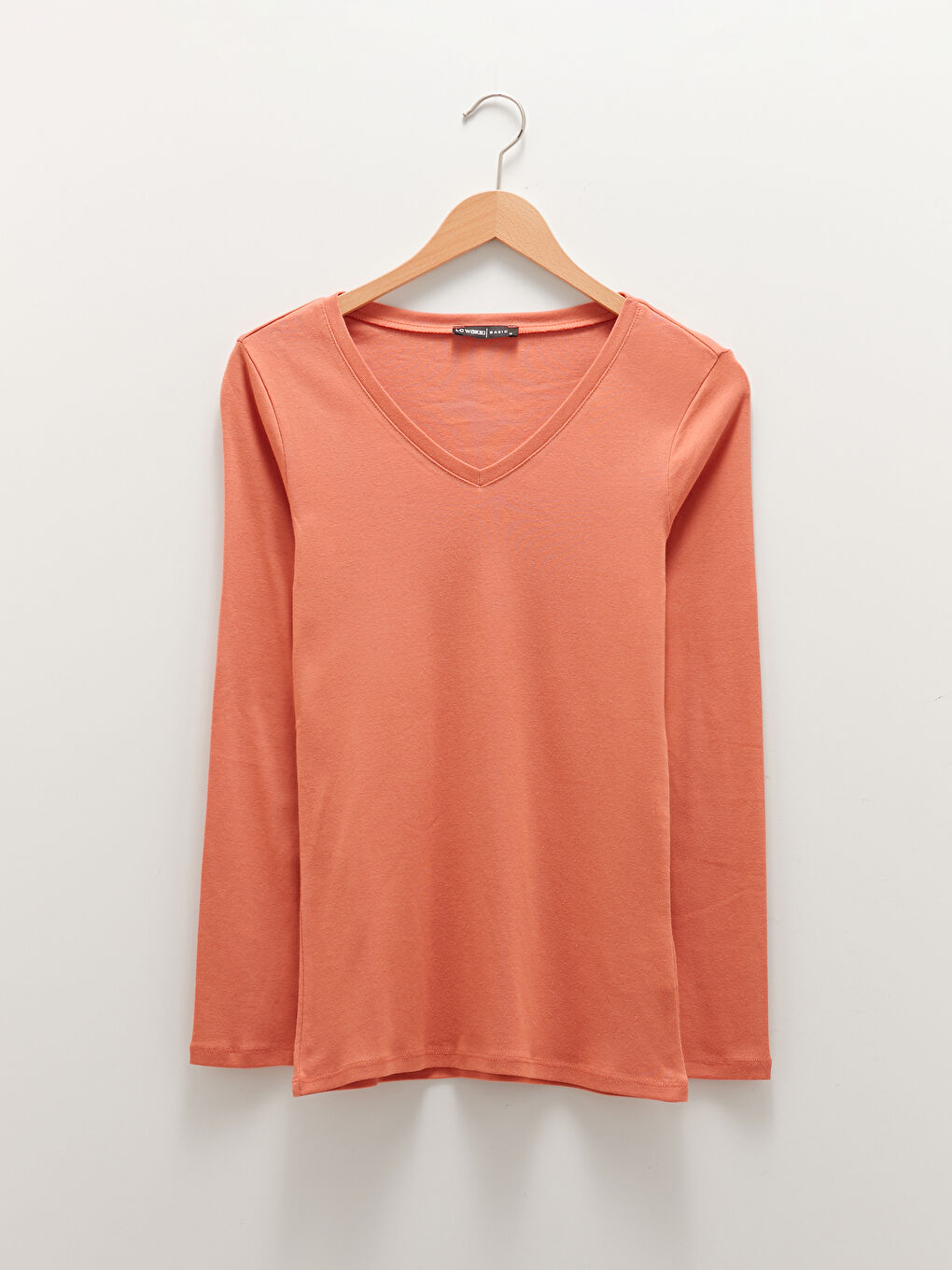 V Neck Plain Long Sleeve Rib Fabric Women's T-Shirt -W13906Z8-H4L