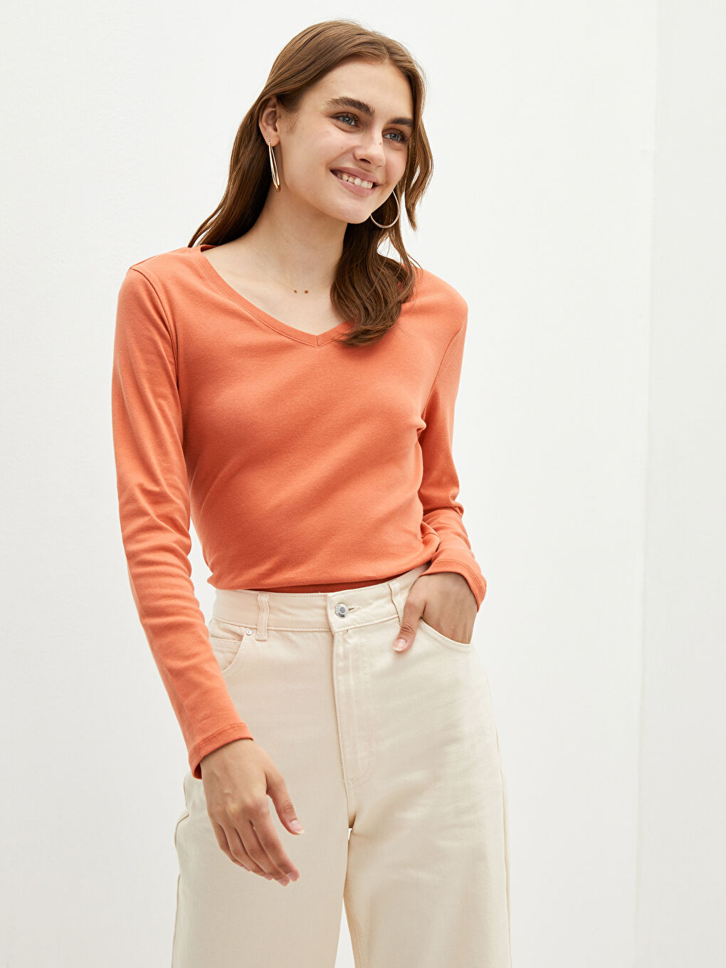 V Neck Plain Long Sleeve Rib Fabric Women's T-Shirt -W13906Z8-H4L
