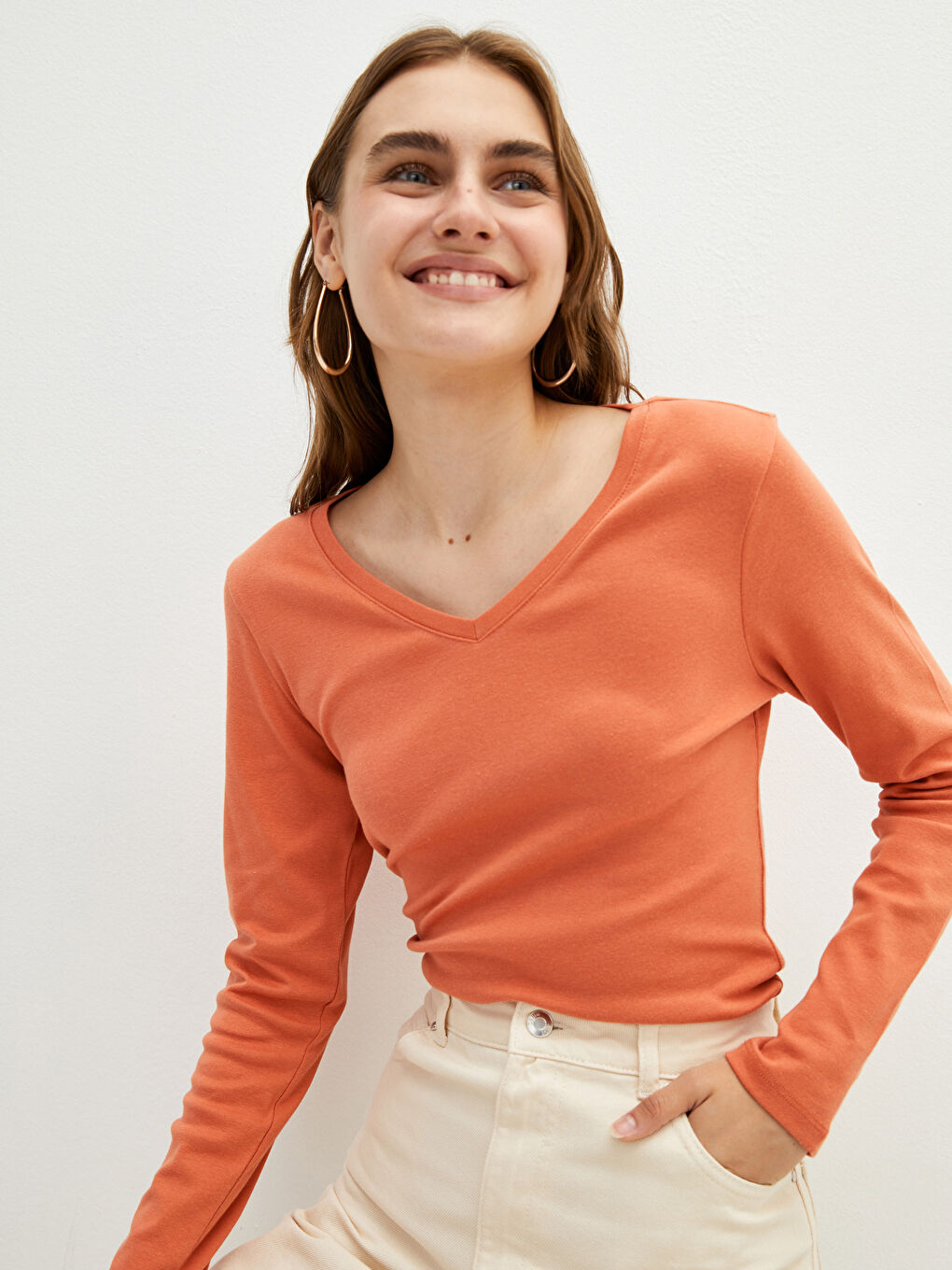 V Neck Plain Long Sleeve Rib Fabric Women's T-Shirt -W13906Z8-H4L
