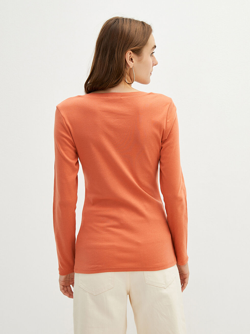 V Neck Plain Long Sleeve Rib Fabric Women's T-Shirt -W13906Z8-H4L