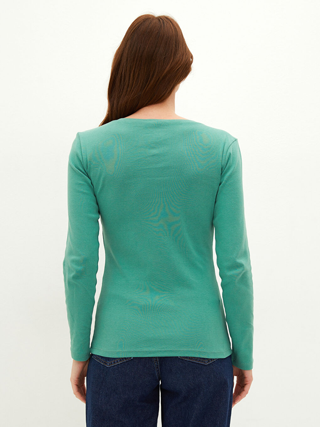 Футболка Женская С Длинным Рукавом Однотонная С V-Образным Вырезом Из Рифленой Ткани-3