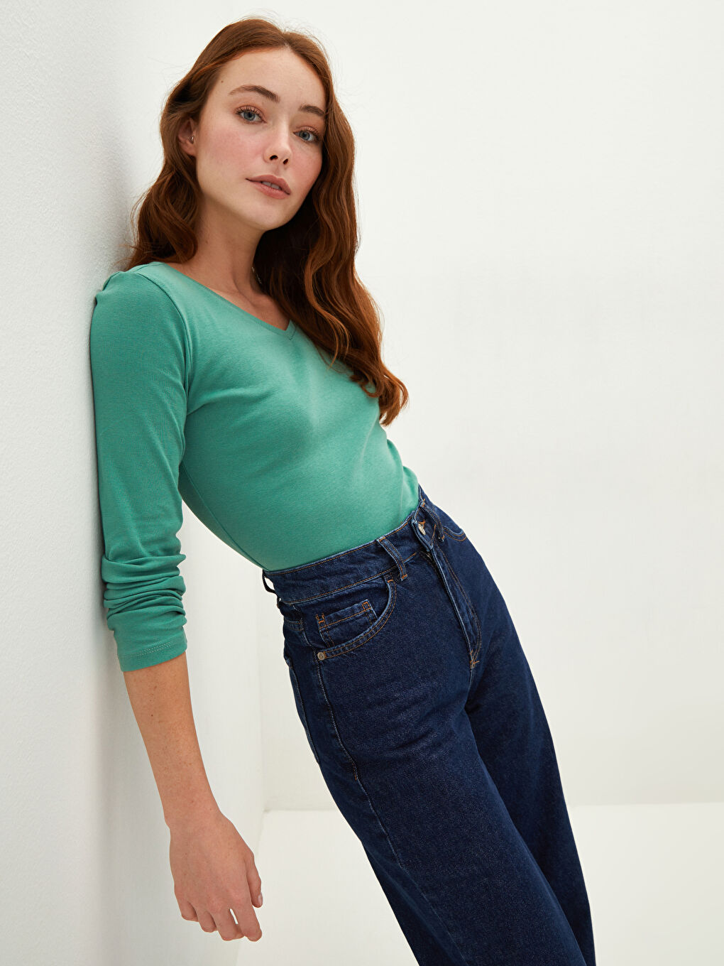 Футболка Женская С Длинным Рукавом Однотонная С V-Образным Вырезом Из Рифленой Ткани