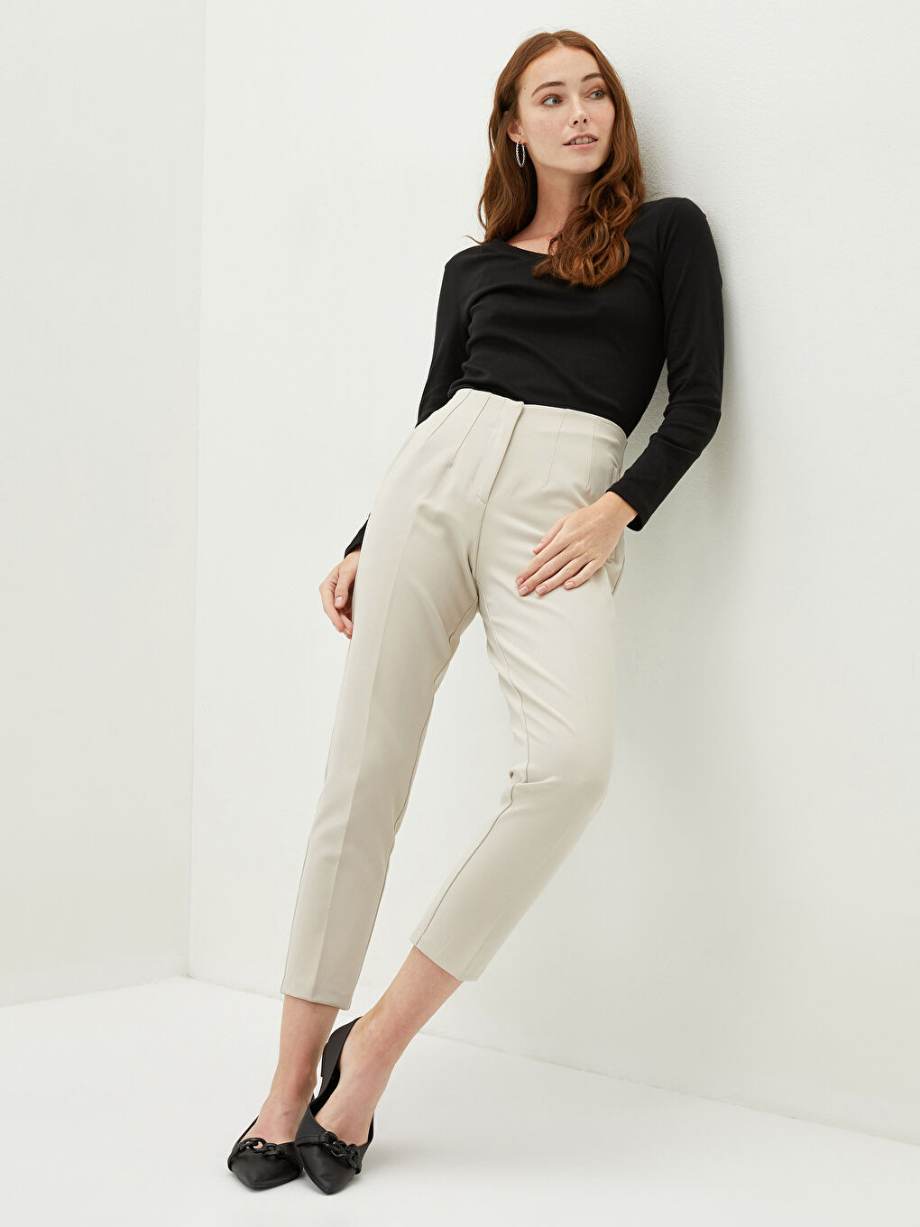 V Neck Plain Long Sleeve Rib Fabric Women's T-Shirt