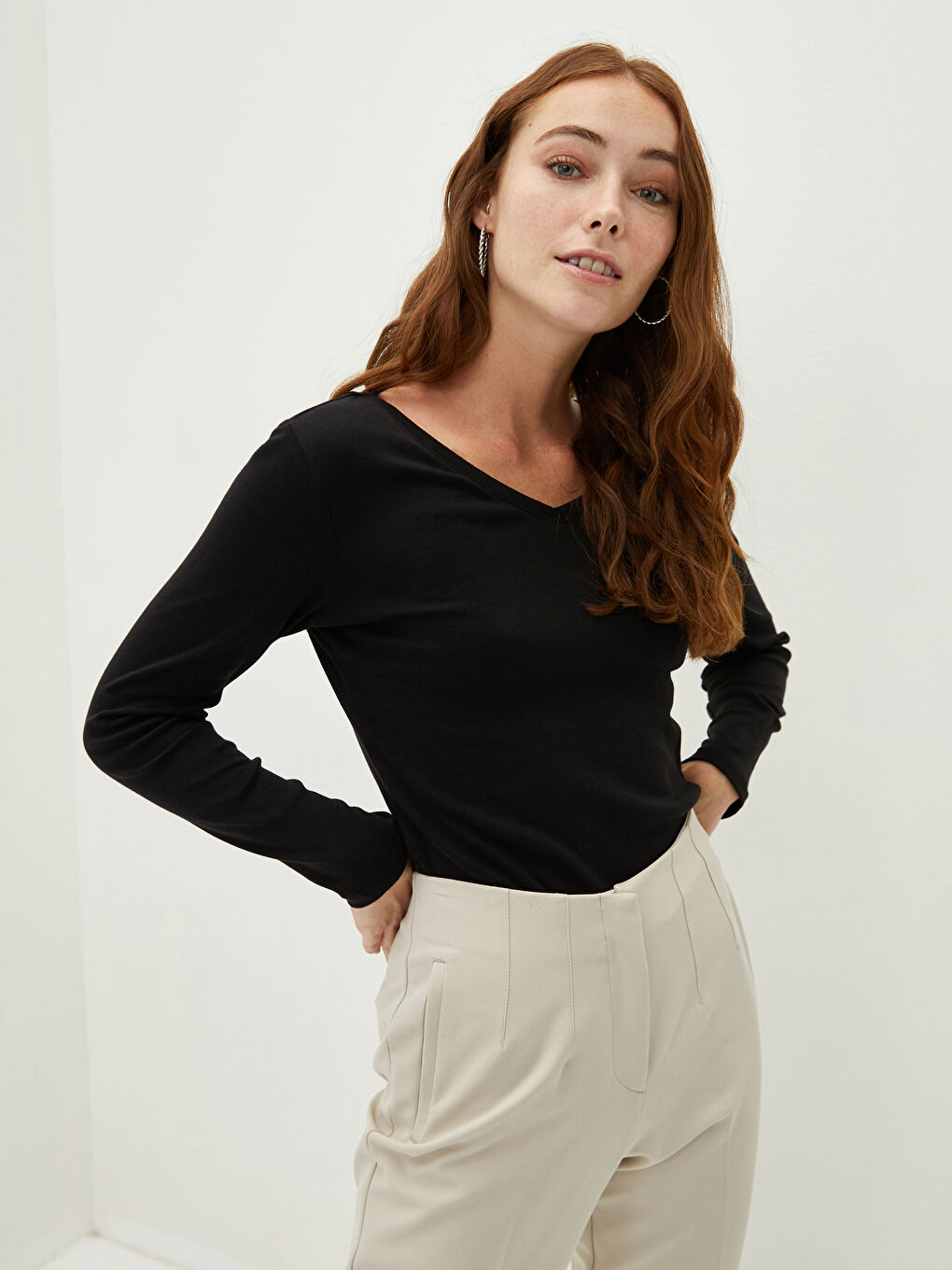 V Neck Plain Long Sleeve Rib Fabric Women's T-Shirt-1