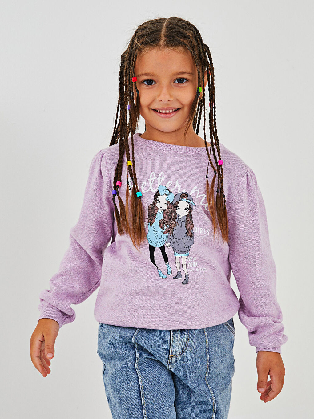 Crew Neck Printed Long Sleeve Girl Tricot Sweater-1