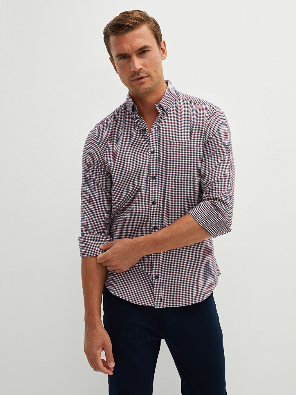 Slim Fit Long Sleeve Plaid Twill Men's Shirt