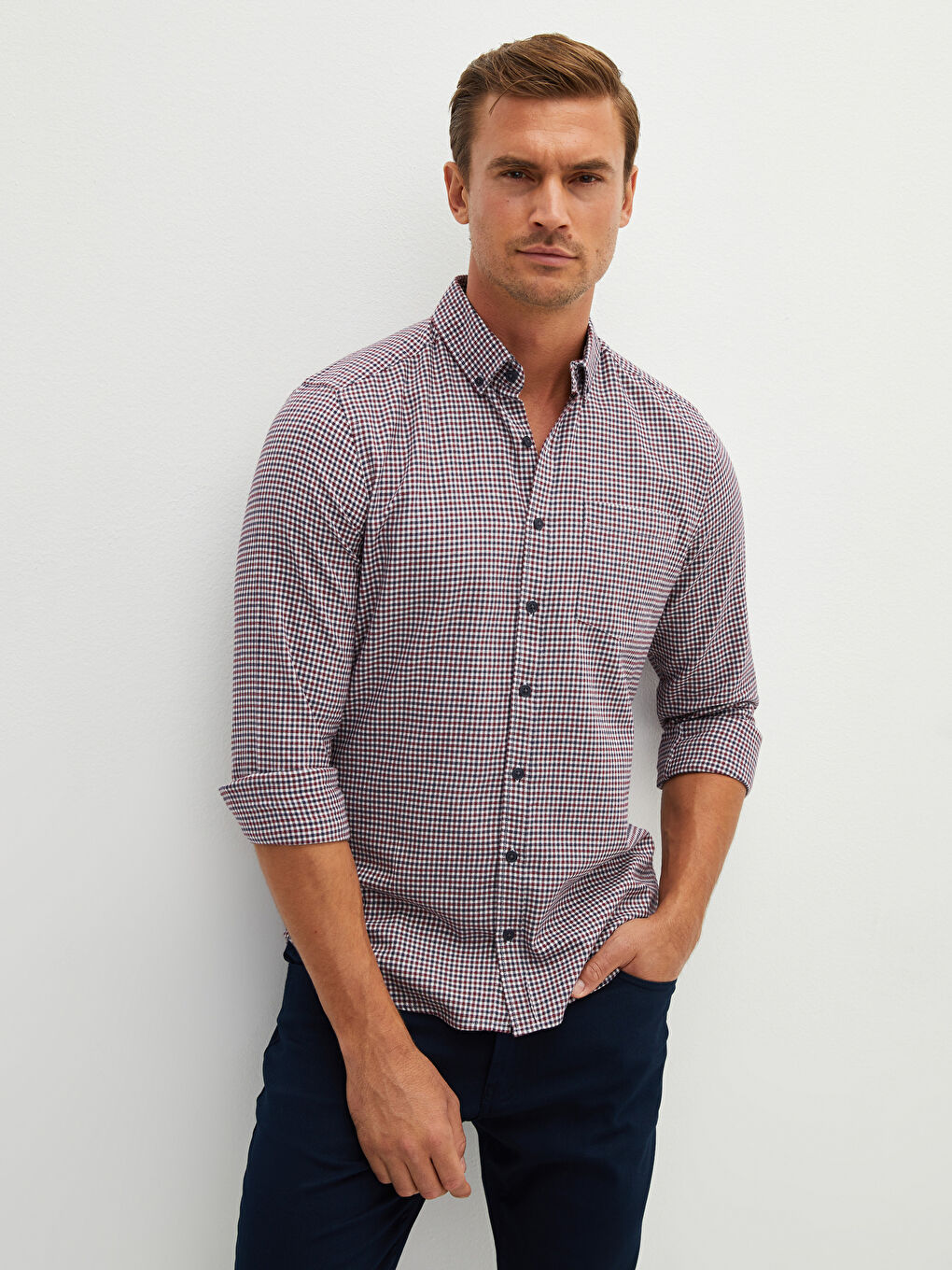 Slim Fit Long Sleeve Plaid Twill Men's Shirt-1