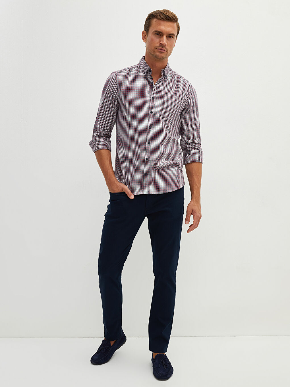 Slim Fit Long Sleeve Plaid Twill Men's Shirt-2