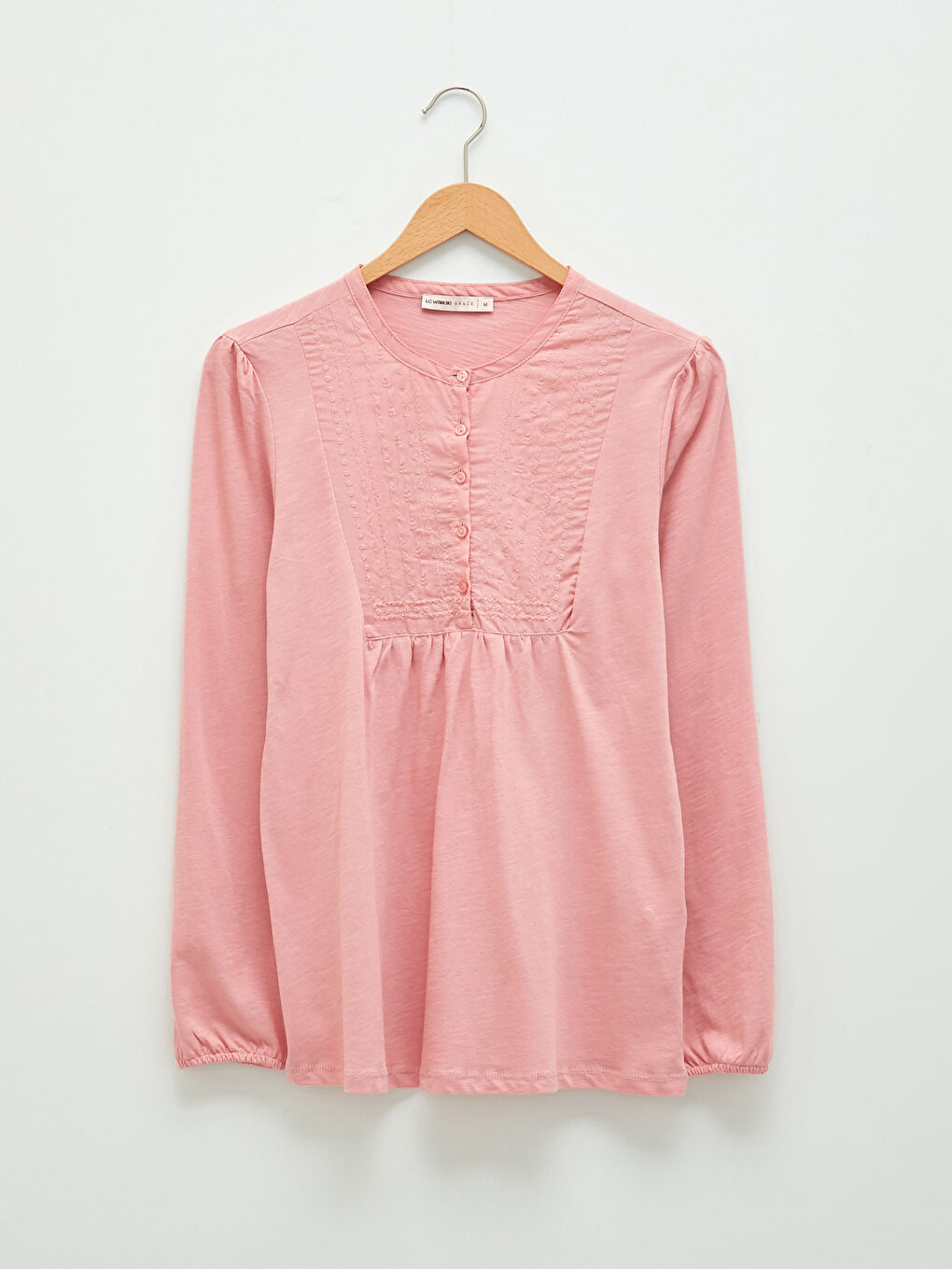 Pembe Bisiklet Yaka Nakışlı Uzun Kollu Kadın Bluz-5