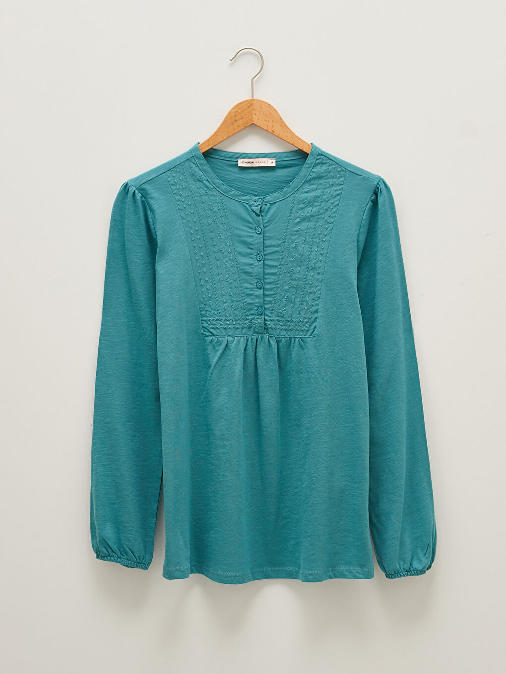 Turkuaz Bisiklet Yaka Nakışlı Uzun Kollu Kadın Bluz-4