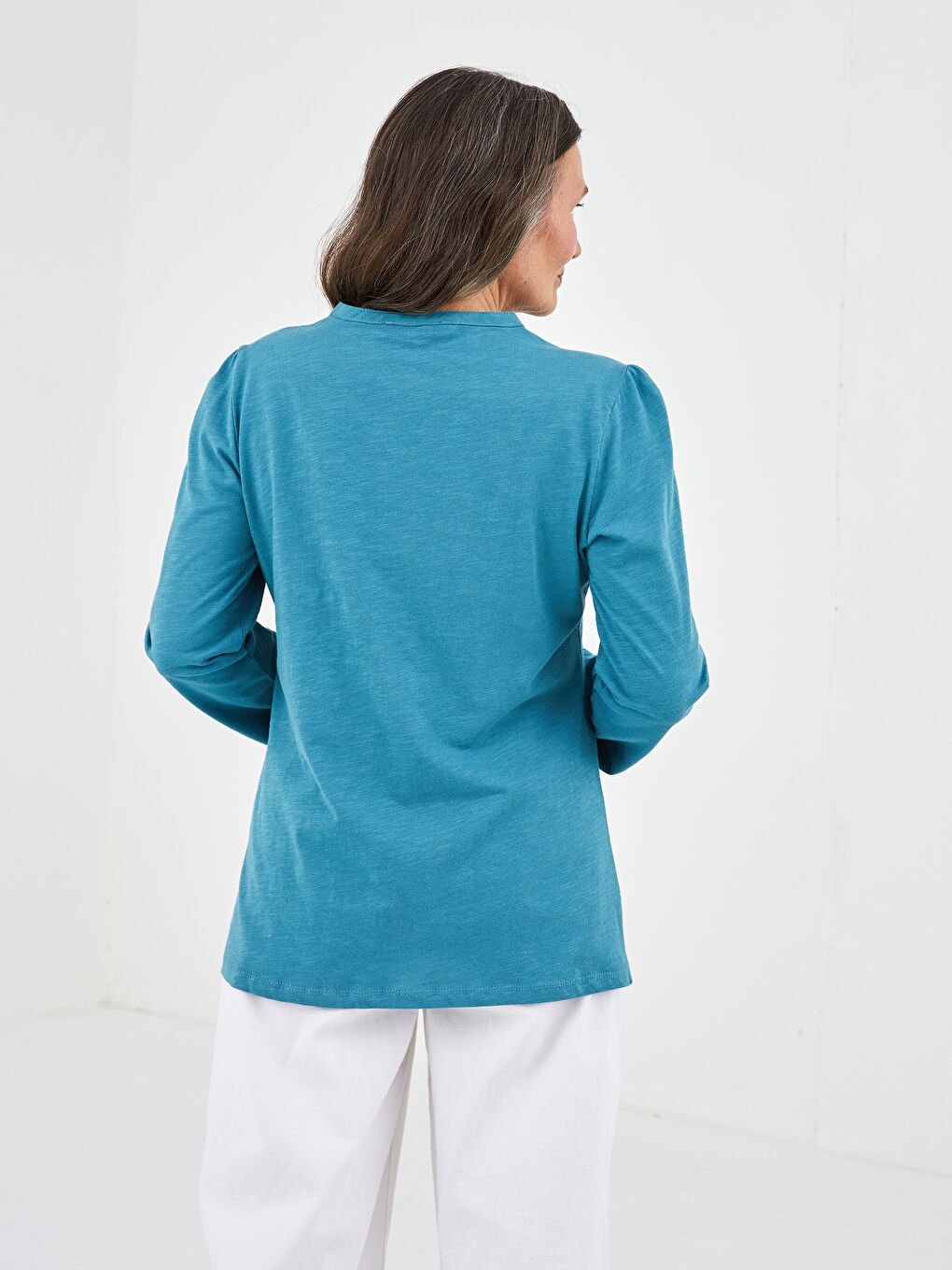 Turkuaz Bisiklet Yaka Nakışlı Uzun Kollu Kadın Bluz-3