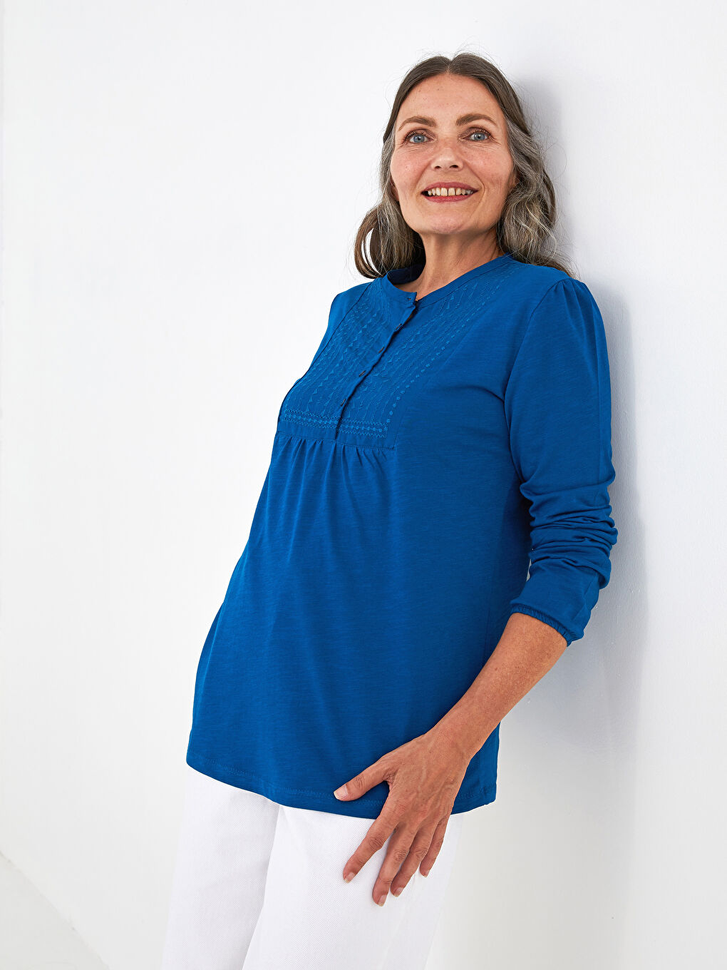 Rundhalsausschnitt Bestickte Langarm Bluse für Damen-5