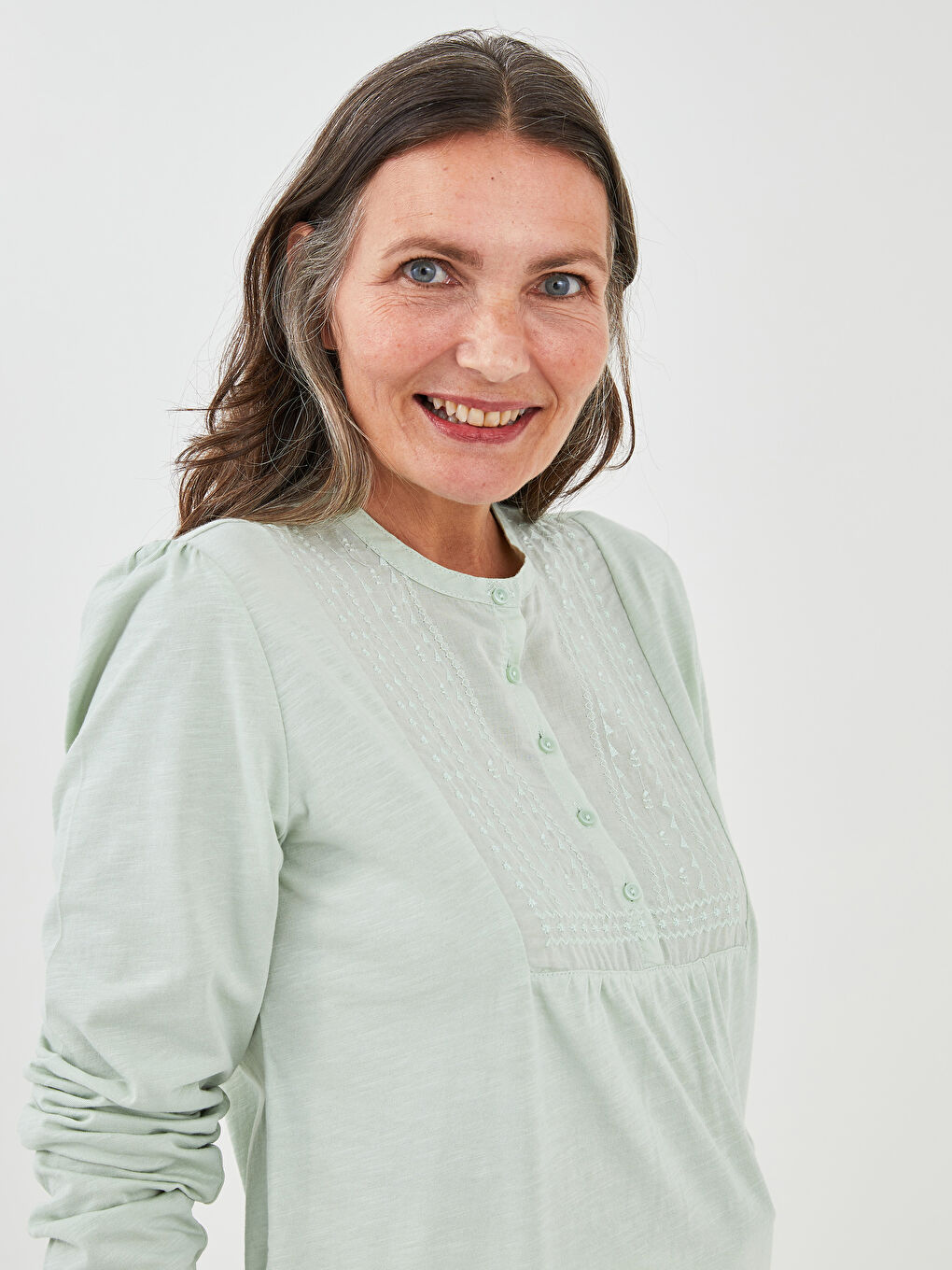 Crew Neck Embroidered Long Sleeve Women's Blouse-1