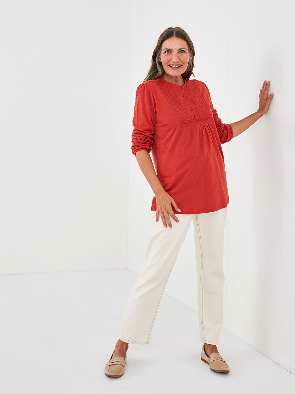 LCW Grace Crew Neck Embroidered Long Sleeve Women's Blouse -W14195Z8-GZH